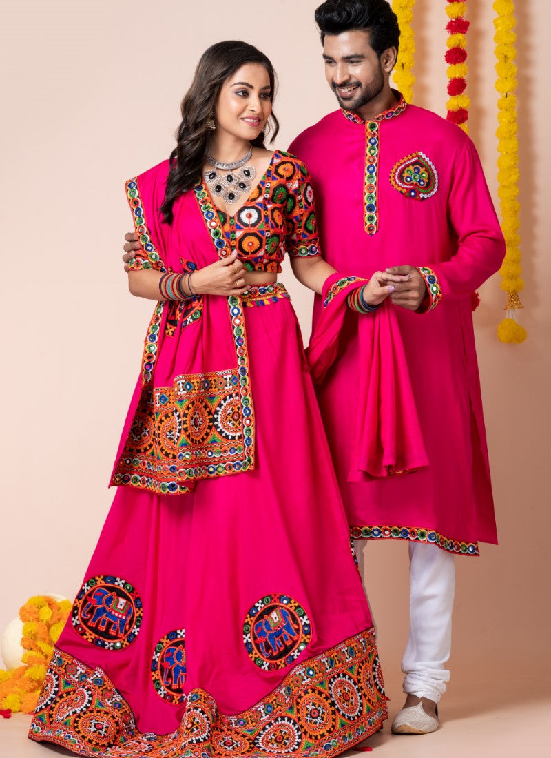 Pink Navratri Chaniya Choli & Men's Kurta Pajama Combo With Embroidery Work