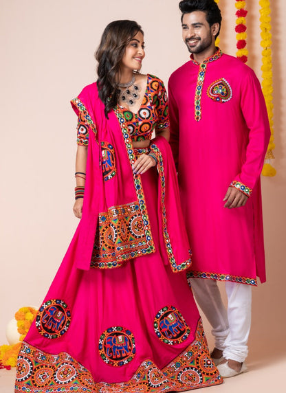 Pink Navratri Chaniya Choli & Men's Kurta Pajama Combo With Embroidery Work