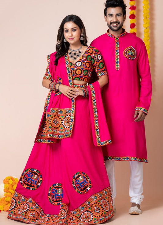 Pink Navratri Chaniya Choli & Men's Kurta Pajama Combo With Embroidery Work