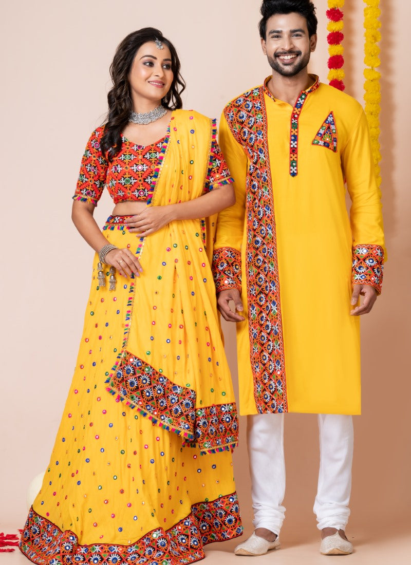 Yellow Navratri Chaniya Choli & Men's Kurta Pajama Combo With Embroidery Work