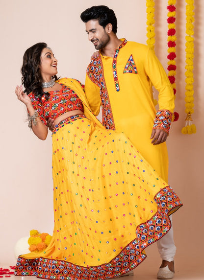 Yellow Navratri Chaniya Choli & Men's Kurta Pajama Combo With Embroidery Work