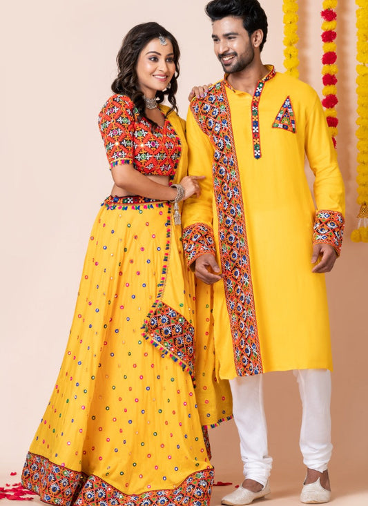 Yellow Navratri Chaniya Choli & Men's Kurta Pajama Combo With Embroidery Work