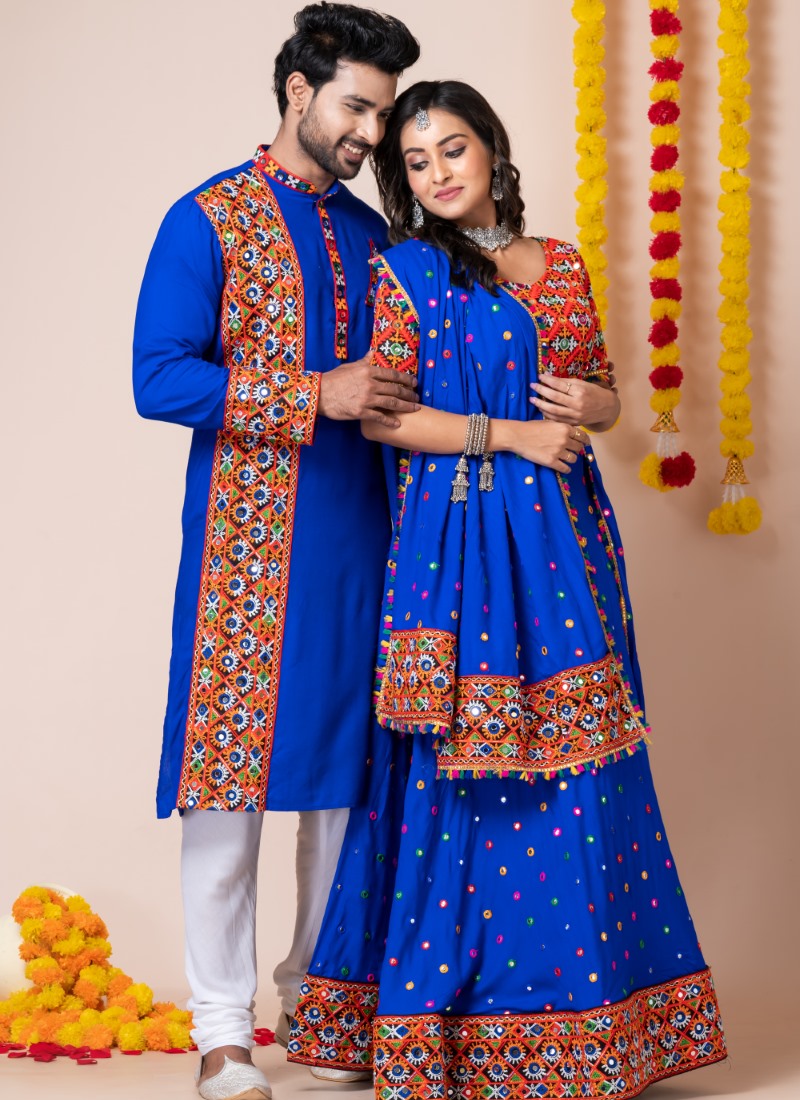 Blue Navratri Chaniya Choli & Men's Kurta Pajama Combo With Embroidery Work