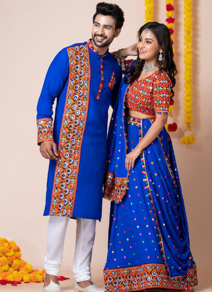 Blue Navratri Chaniya Choli & Men's Kurta Pajama Combo With Embroidery Work