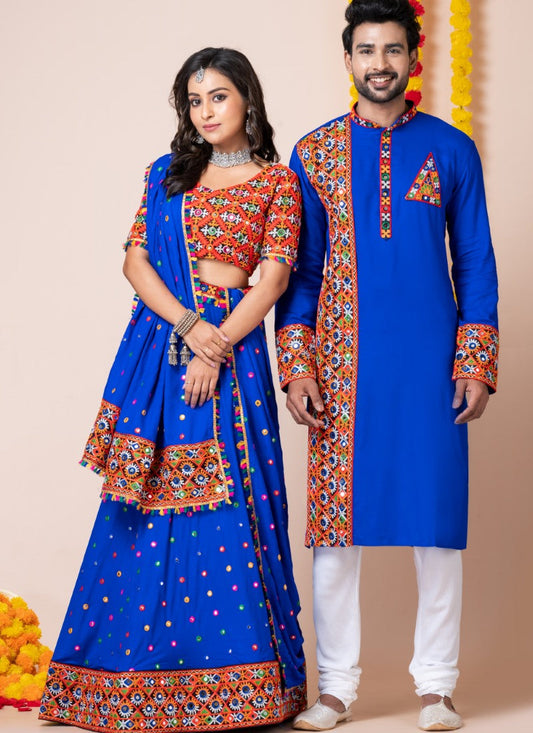 Blue Navratri Chaniya Choli & Men's Kurta Pajama Combo With Embroidery Work