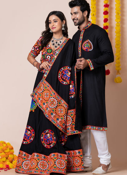 Black Navratri Chaniya Choli & Men's Kurta Pajama Combo With Embroidery Work