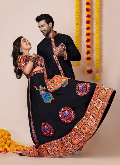 Black Navratri Chaniya Choli & Men's Kurta Pajama Combo With Embroidery Work