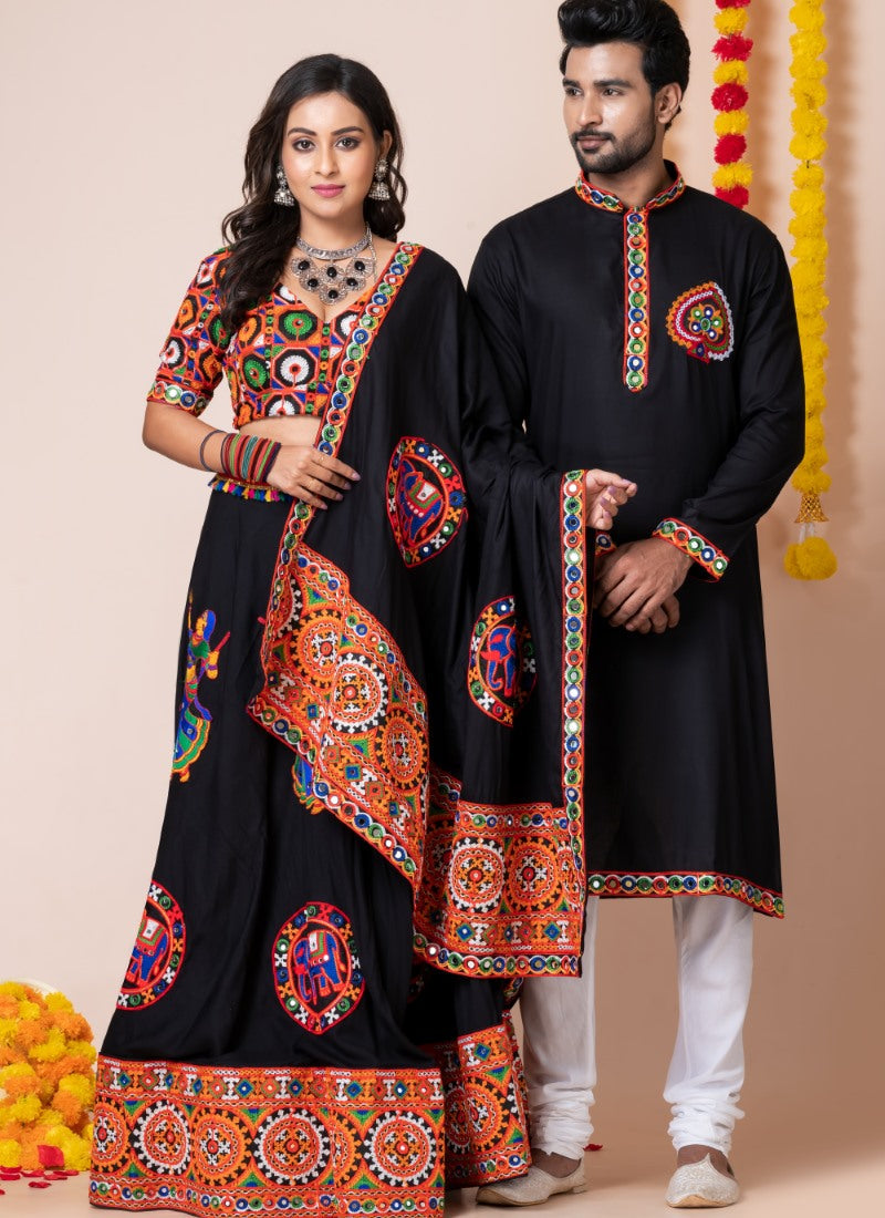 Black Navratri Chaniya Choli & Men's Kurta Pajama Combo With Embroidery Work