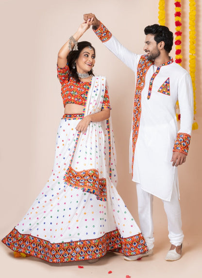 White Navratri Chaniya Choli & Men's Kurta Pajama Combo With Embroidery Work