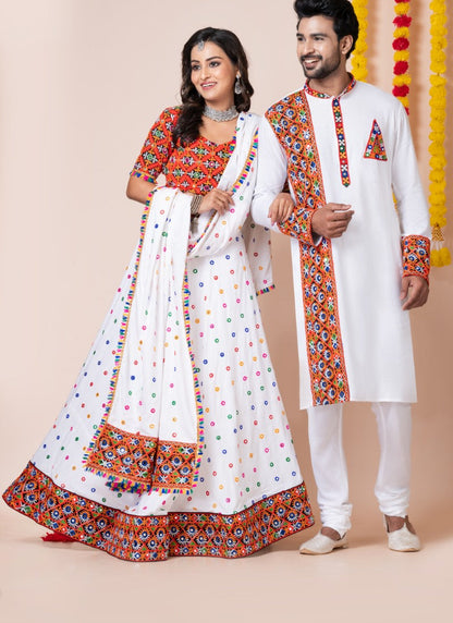 White Navratri Chaniya Choli & Men's Kurta Pajama Combo With Embroidery Work