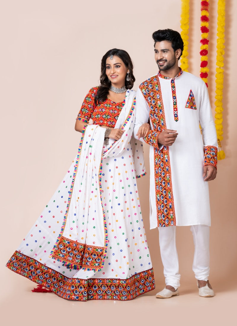 White Navratri Chaniya Choli & Men's Kurta Pajama Combo With Embroidery Work