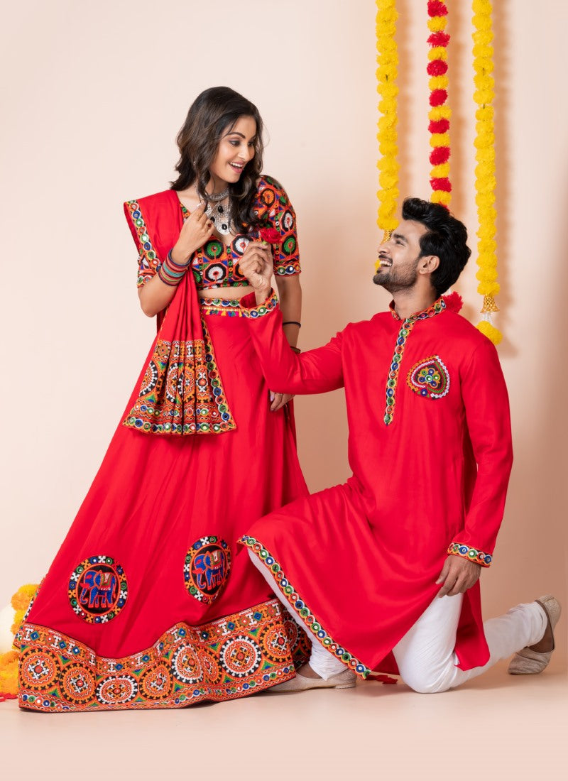 Red Navratri Chaniya Choli & Men's Kurta Pajama Combo With Embroidery Work