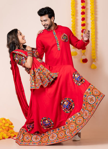 Red Navratri Chaniya Choli & Men's Kurta Pajama Combo With Embroidery Work