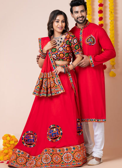 Red Navratri Chaniya Choli & Men's Kurta Pajama Combo With Embroidery Work