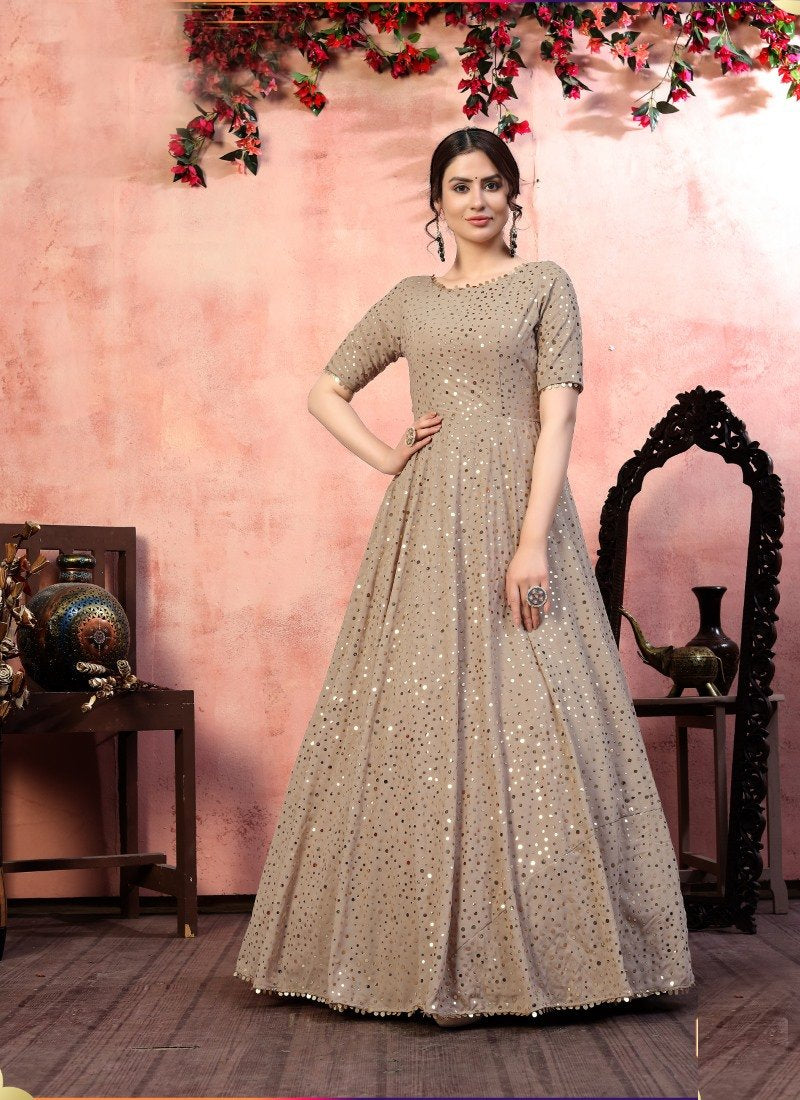 Beige Georgette Anarkali Gown With Sequins and Embroidery Work