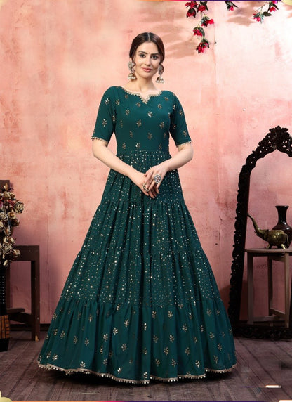 Green Georgette Anarkali Gown With Sequins and Embroidery Work