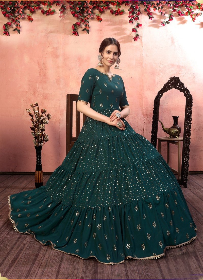 Green Georgette Anarkali Gown With Sequins and Embroidery Work-2