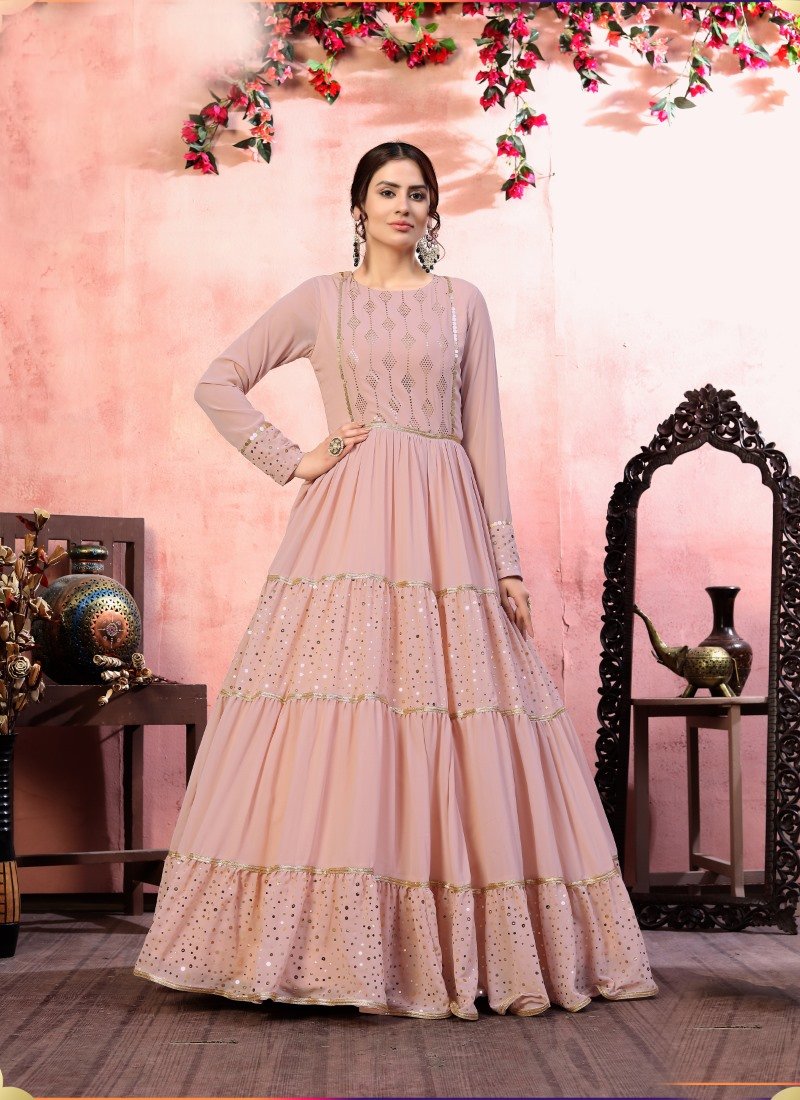 Pink Georgette Anarkali Gown With Sequins and Embroidery Work