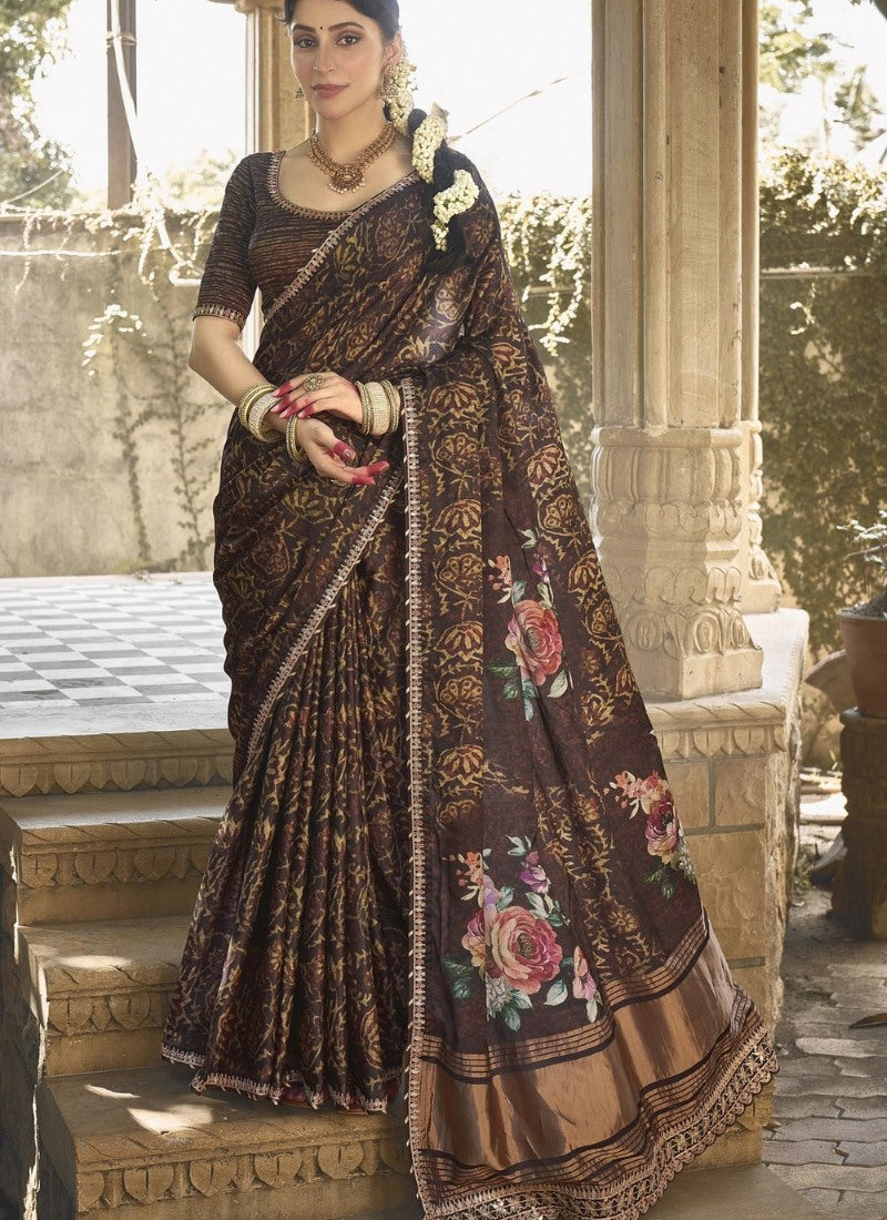 Brown Silk Heavy Work Saree