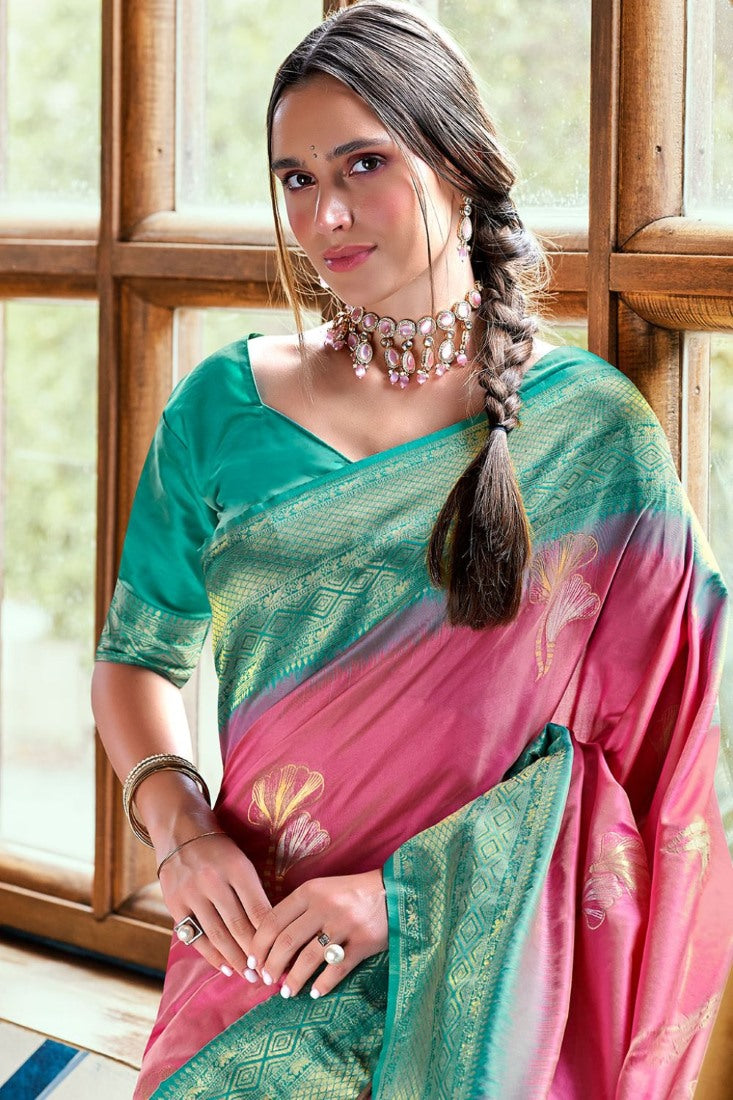 Pink Pure Silk With Zari Woven Butta & Contrast Border Pallu