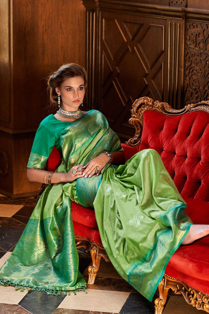 Pista Green Pure Silk With Zari Woven Butta & Contrast Border Pallu