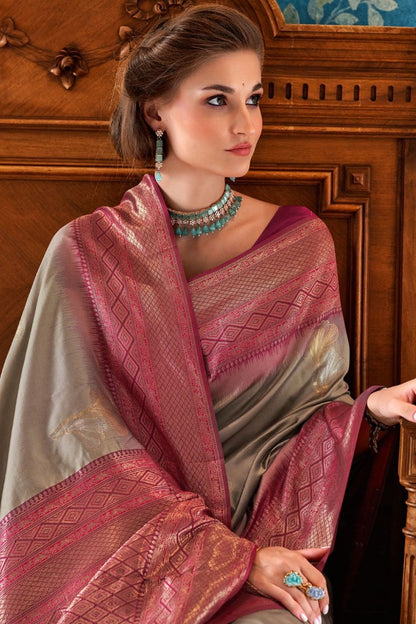 Gray Pure Silk With Zari Woven Butta & Contrast Border Pallu