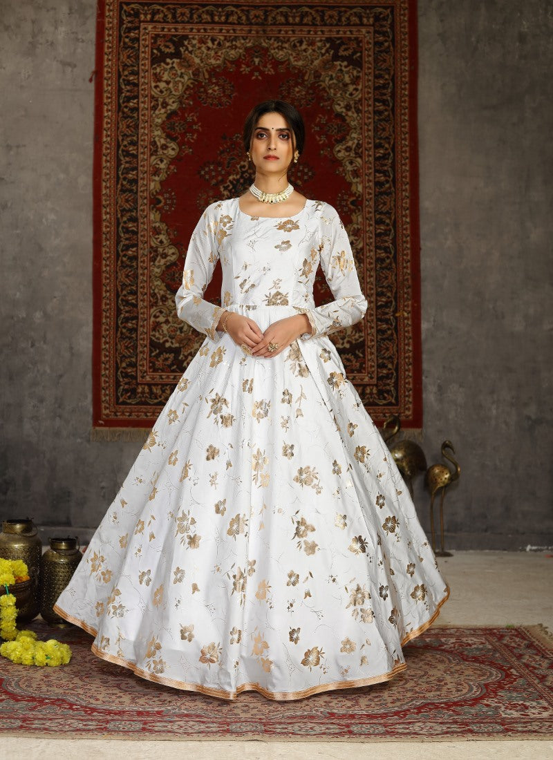 White Taffeta Silk Anarkali Gown With Sequins and Embroidery Work-2