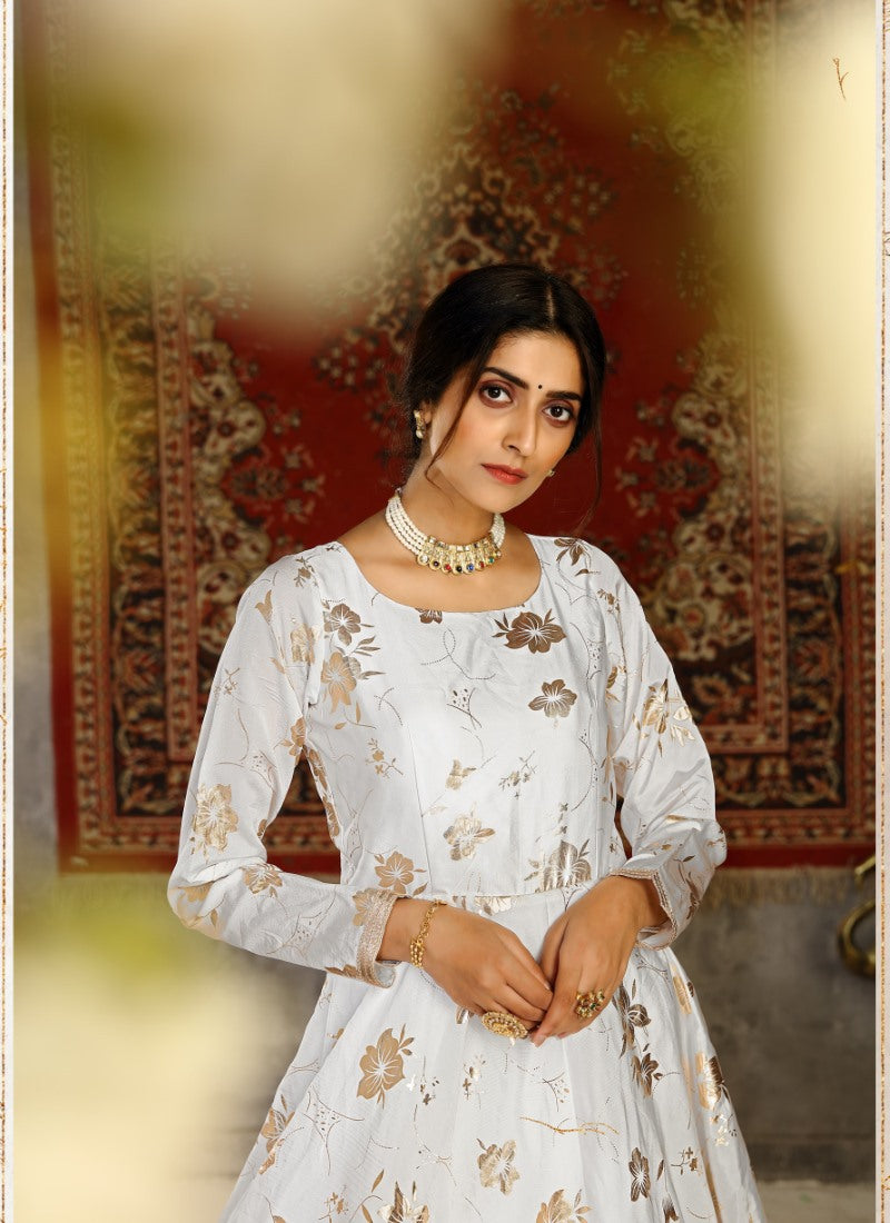 White Taffeta Silk Anarkali Gown With Sequins and Embroidery Work-2