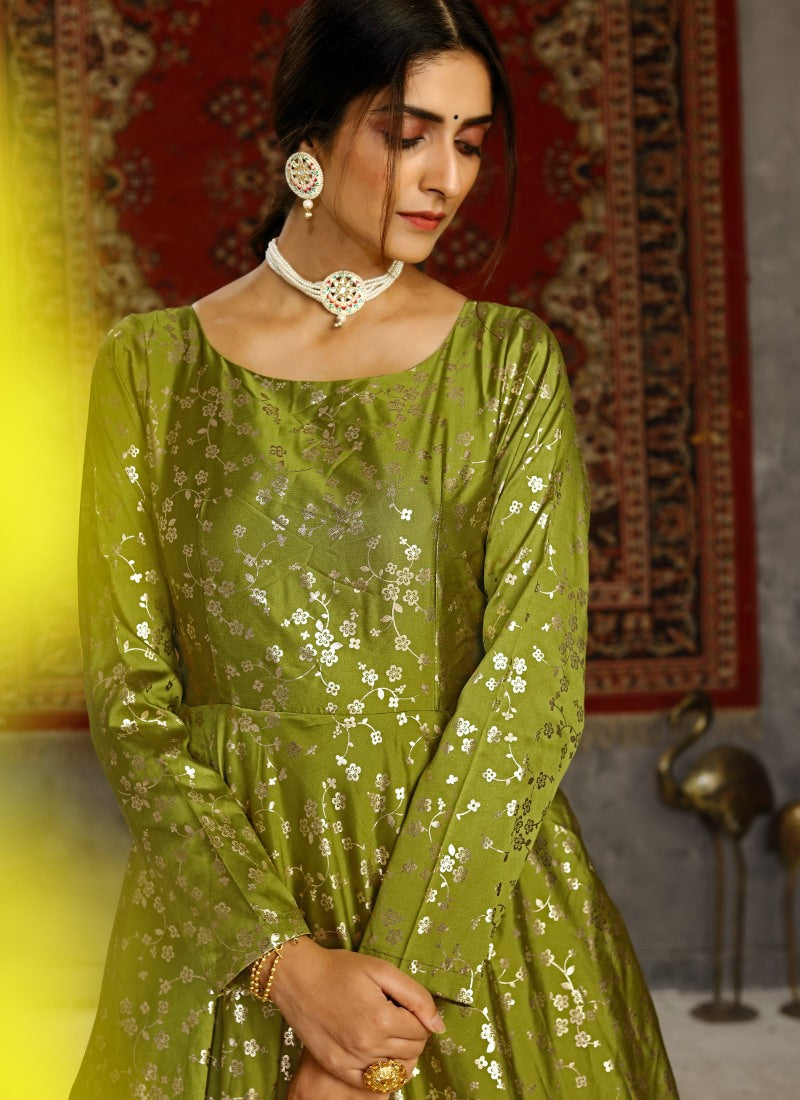 Pista Green Taffeta Silk Anarkali Gown With Sequins and Embroidery Work-2