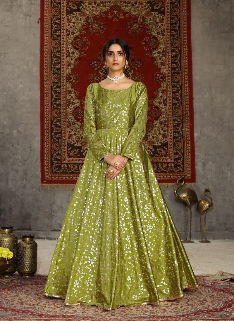 Pista Green Taffeta Silk Anarkali Gown With Sequins and Embroidery Work-2