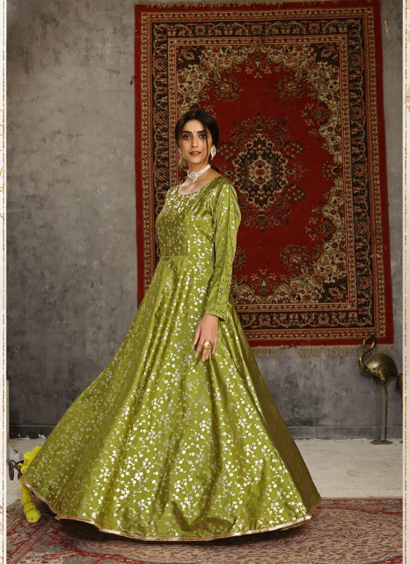 Pista Green Taffeta Silk Anarkali Gown With Sequins and Embroidery Work