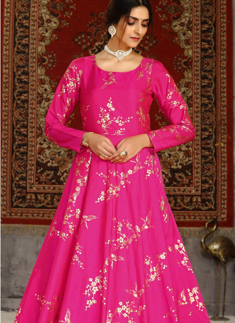 Pink Taffeta Silk Anarkali Gown With Sequins and Embroidery Work-2