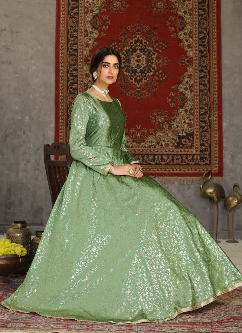 Green Taffeta Silk Anarkali Gown With Sequins and Embroidery Work-2