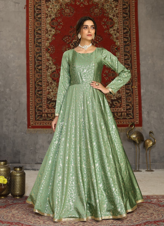 Green Taffeta Silk Anarkali Gown With Sequins and Embroidery Work