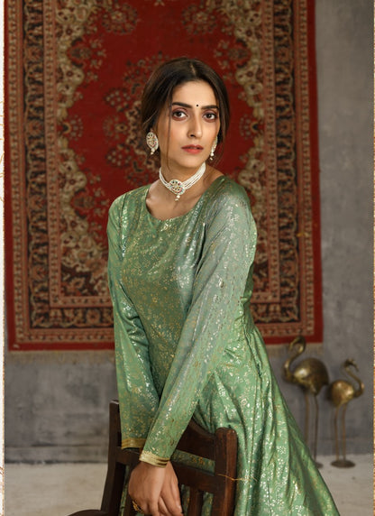 Green Taffeta Silk Anarkali Gown With Sequins and Embroidery Work-2