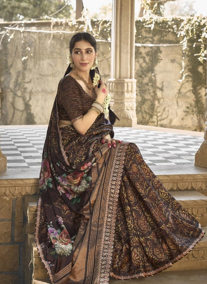 Brown Silk Heavy Work Saree