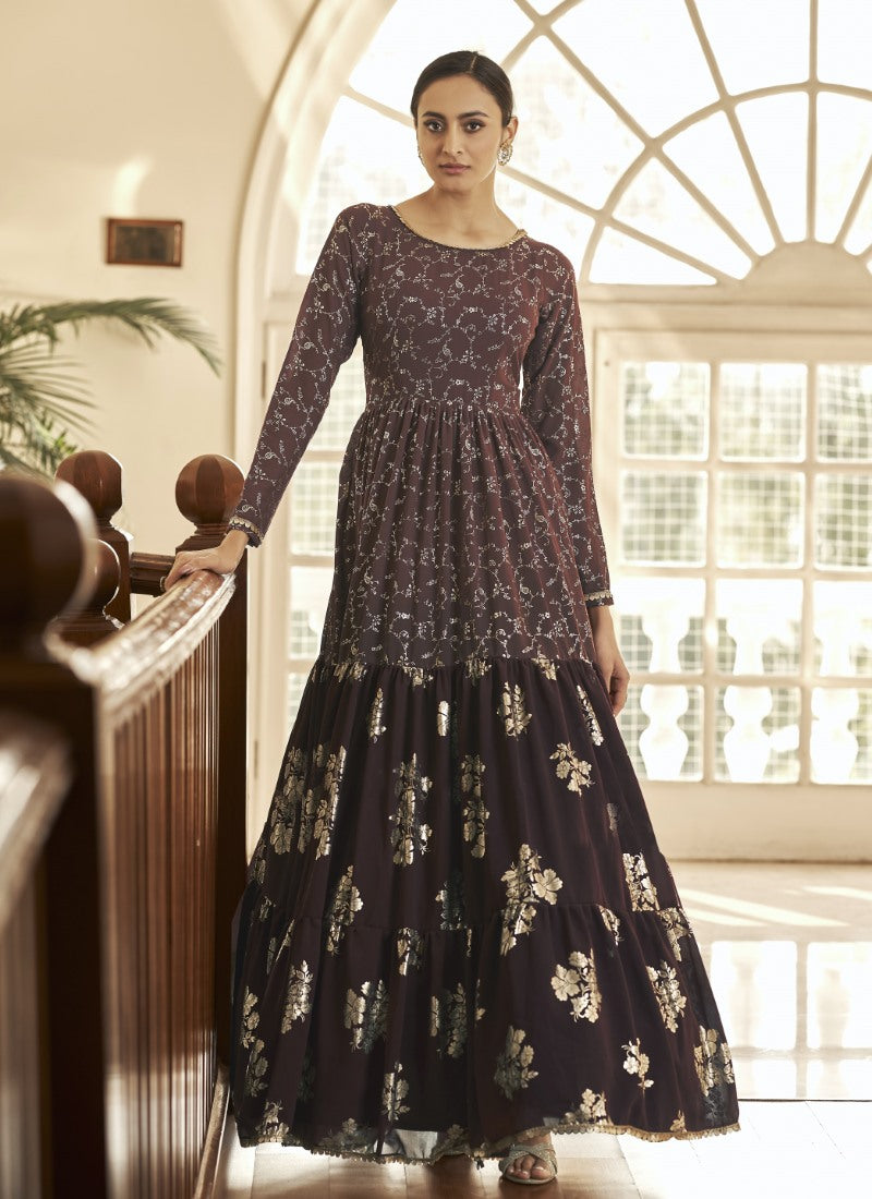 Maroon Georgette Anarkali Gown With Sequins and Embroidery Work-2