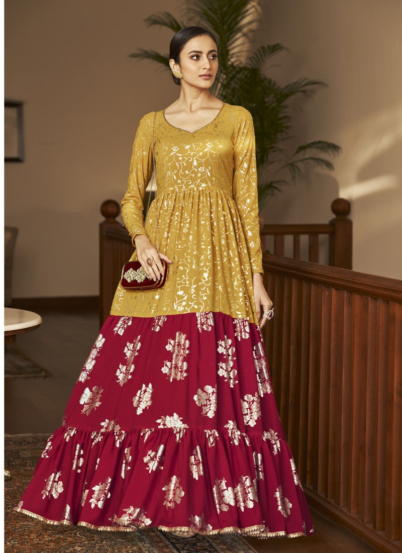 Yellow Georgette Anarkali Gown With Sequins and Embroidery Work