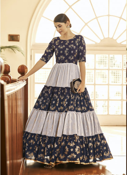 Navy Blue Georgette Anarkali Gown With Sequins and Embroidery Work