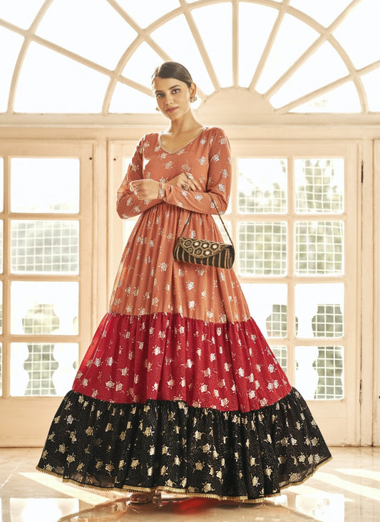 Orange Georgette Anarkali Gown With Sequins and Embroidery Work