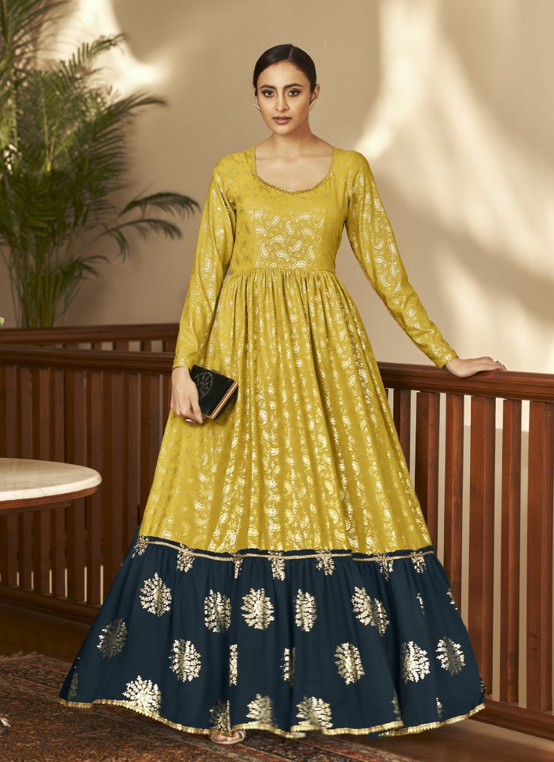 Pista Green Georgette Anarkali Gown With Sequins and Embroidery Work