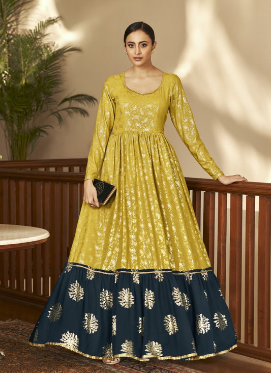 Green Georgette Anarkali Gown With Sequins and Embroidery Work