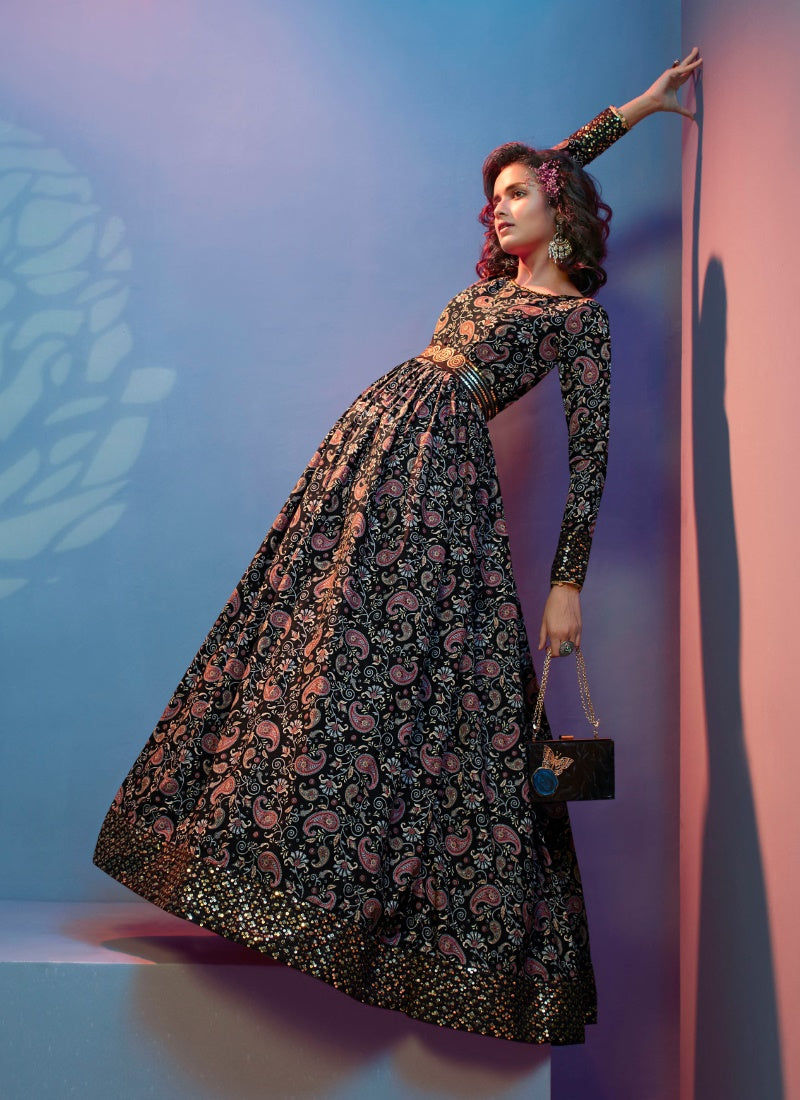 Black Soft Crape Floral Printed Long Anarkali Gown-2