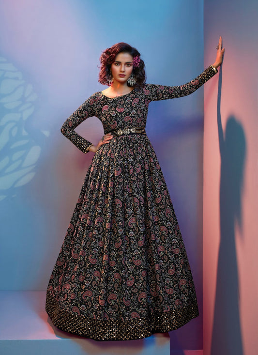 Black Soft Crape Floral Printed Long Anarkali Gown