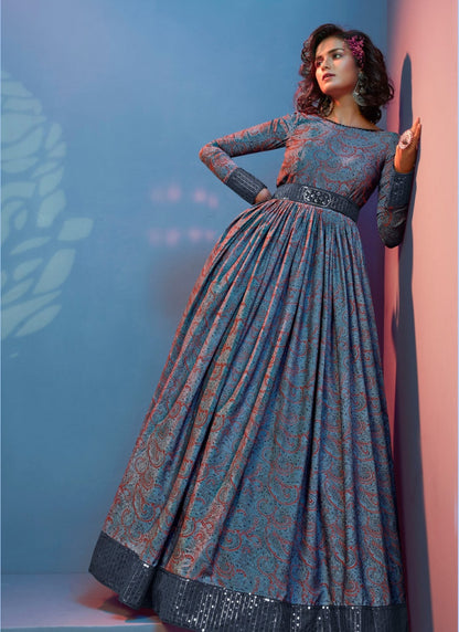 Blue Soft Crape Floral Printed Long Anarkali Gown-2