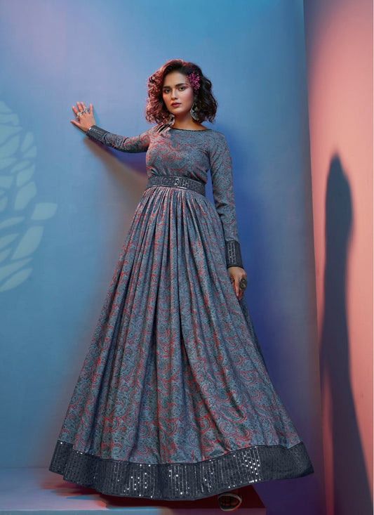 Blue Soft Crape Floral Printed Long Anarkali Gown