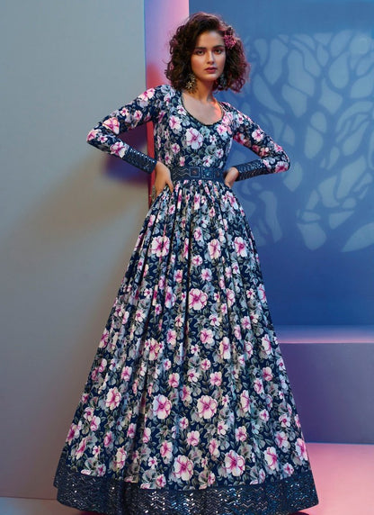 Navy Blue Soft Crape Floral Printed Long Anarkali Gown