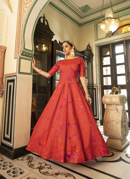 Orange Cotton Anarkali Gown With Sequins and Embroidery Work