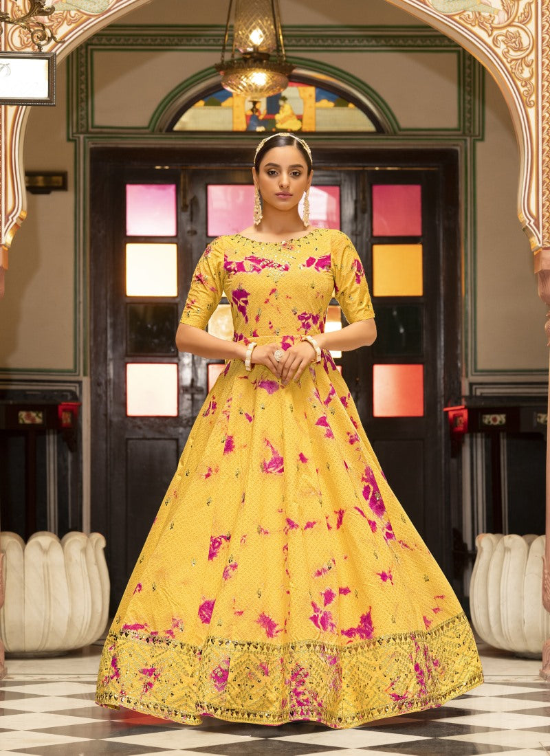 Yellow Cotton Anarkali Gown With Sequins and Embroidery Work