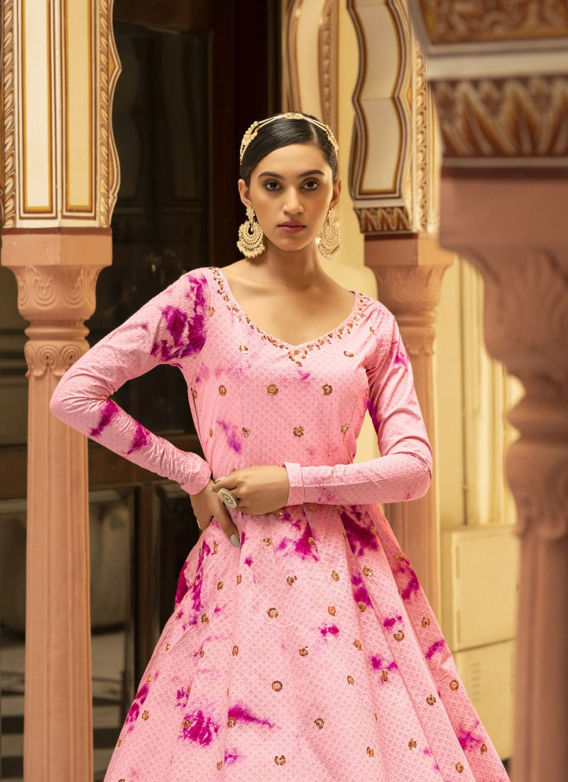 Pink Cotton Anarkali Gown With Sequins and Embroidery Work-2